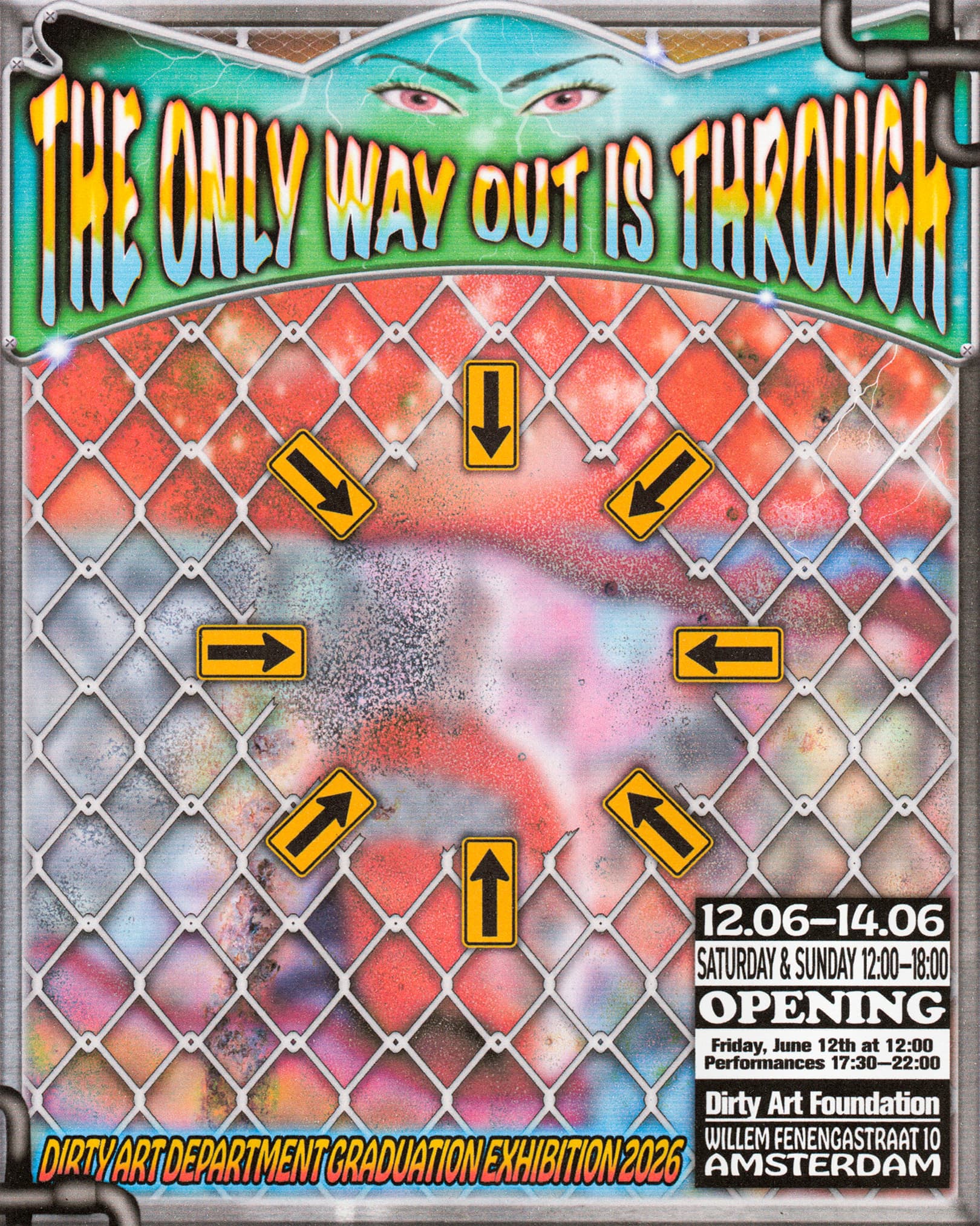 The poster illustrate the graduation exhibition of DAD. It's an illustration of a barbed-wire fence with arrows pointing through a gap in it. 