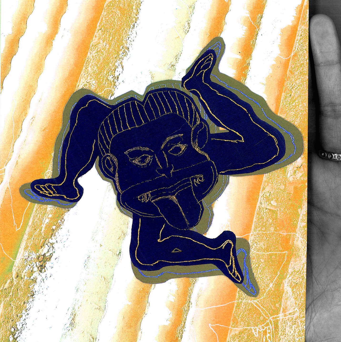 A dark blue face sticking it's tongue out with 3 legs running around it, on an orange and white striped background. 