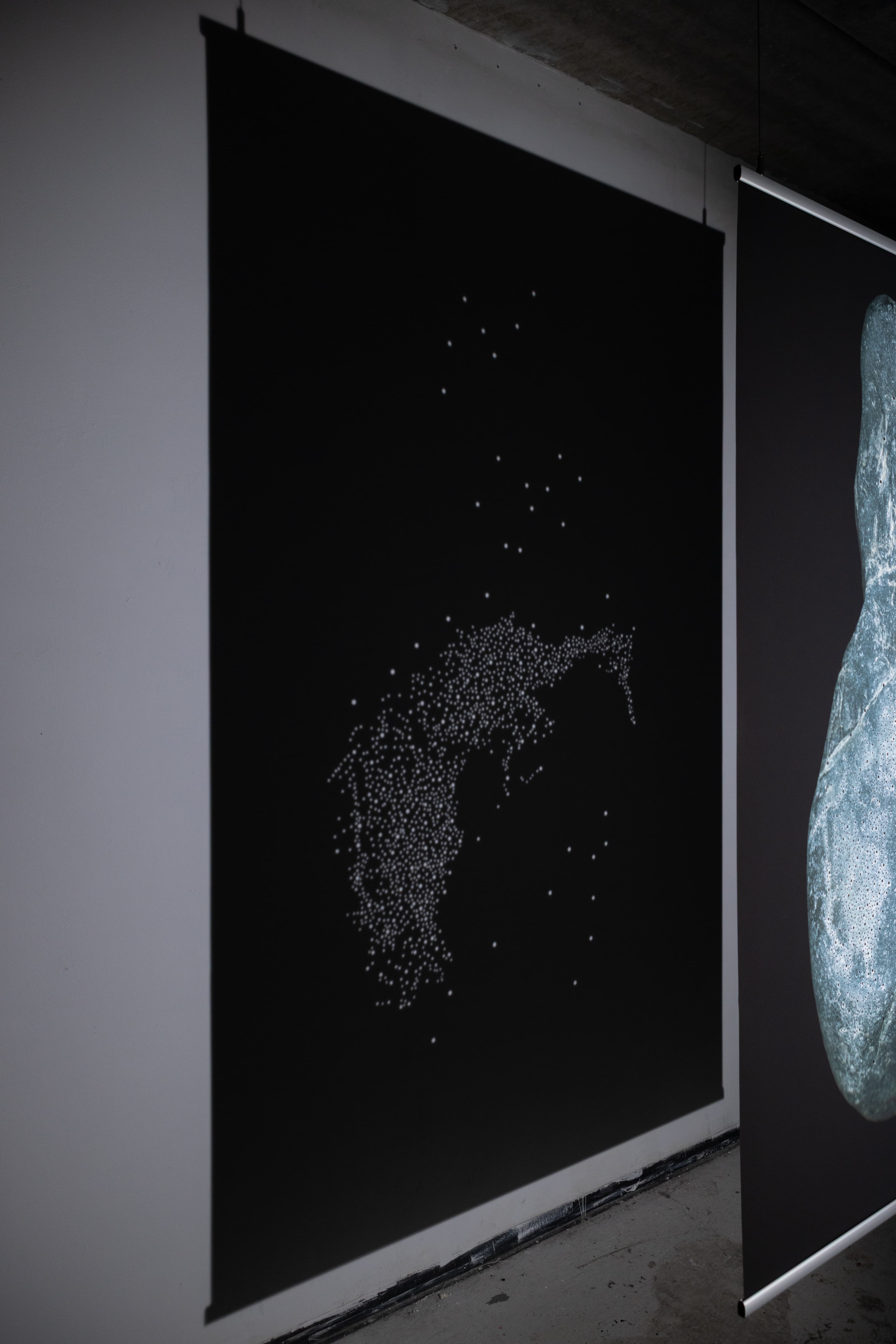 The image is a high-resolution digital scan of the surface of a stone collected along the Dora River in Turin, Italy. Printed at a large scale, it amplifies the visual experience of the traces emerging from the rock. These figures are considered acheiropoietic images—forms not made by human hands.  The research draws on the practice of reading stones as a form of divination. The images revealed on the rock’s surface guide the divinatory act, activating the imagination and perceptual sensitivity of the seer.