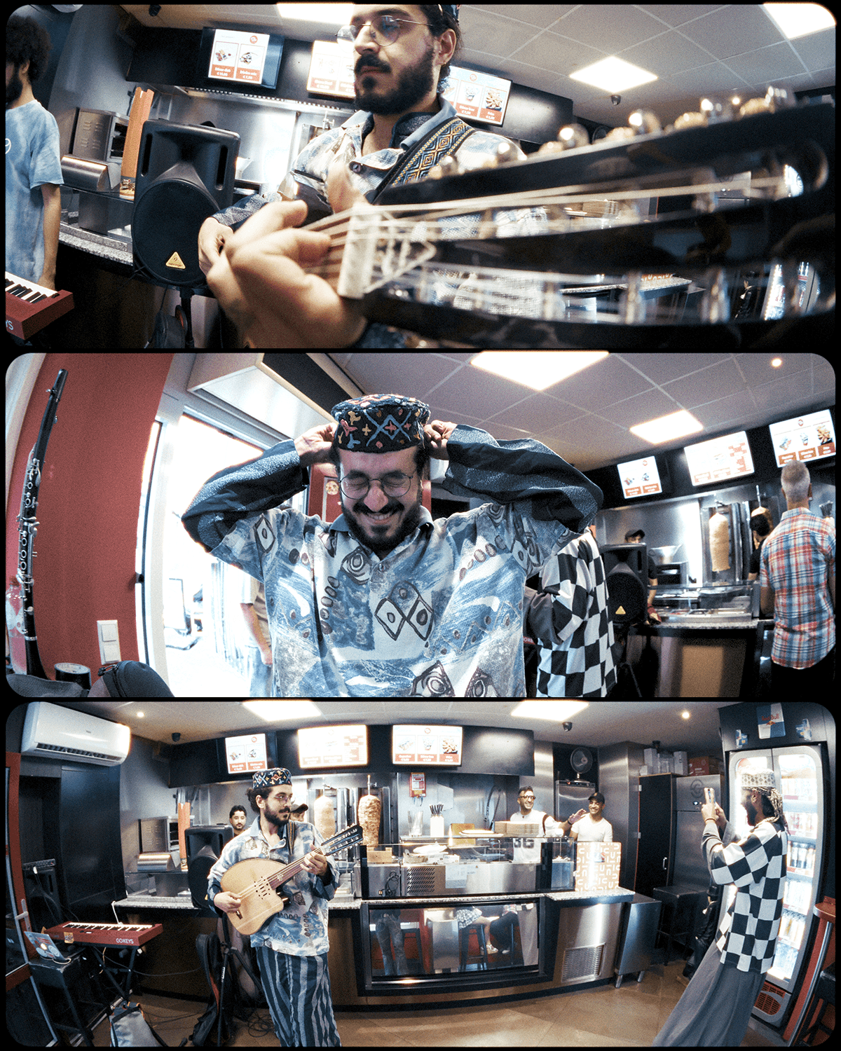 A live musical performance taking place inside a brightly lit kebab shop. public concert