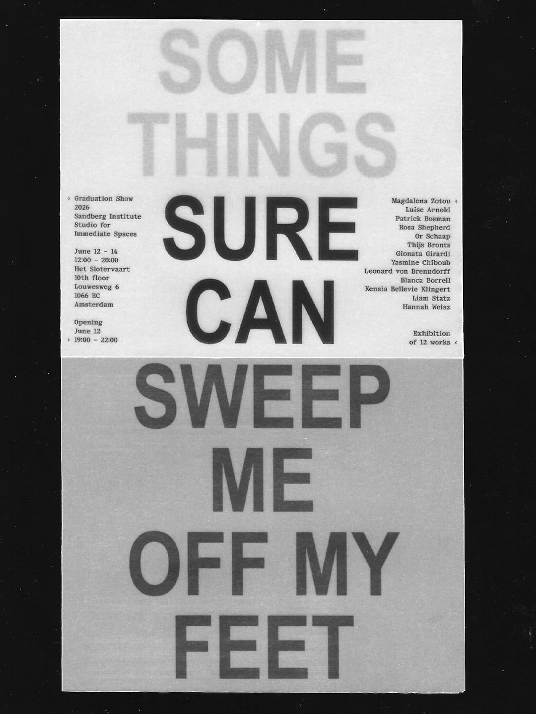 The image is black, grey, white and include the exhibition title SOME THINGS SURE CAN SWEEP ME OFF MY FEET in capital letters. 