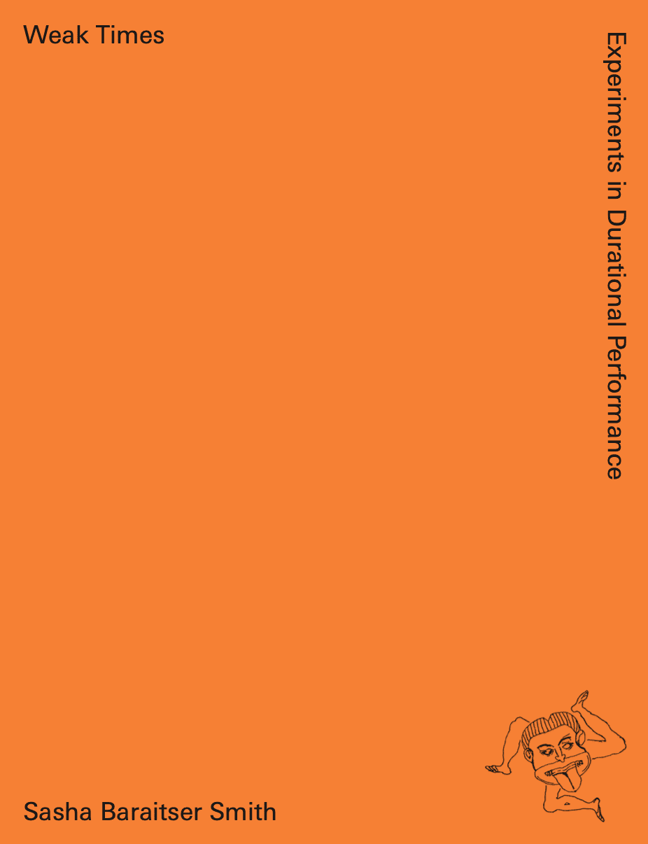 Orange book cover with black text in each corner and a small face with three legs running around it.