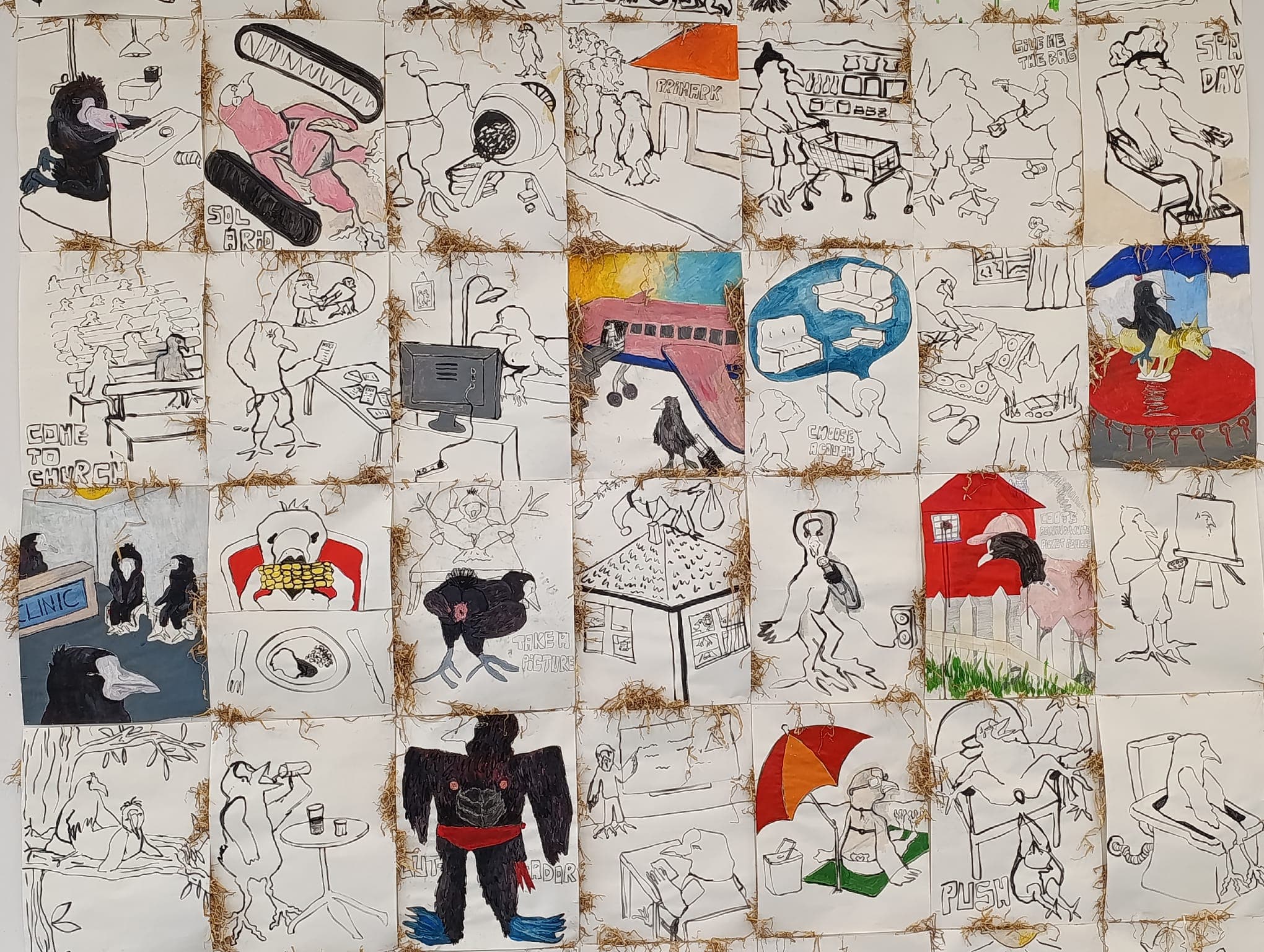 series of drawings of birds doing human activities