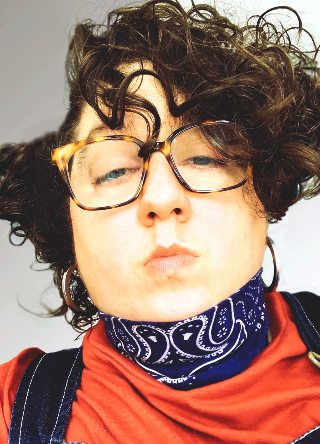 A photo depicts the artist, Constantina Zavitsanos, with loose curls, paisley and hoops.