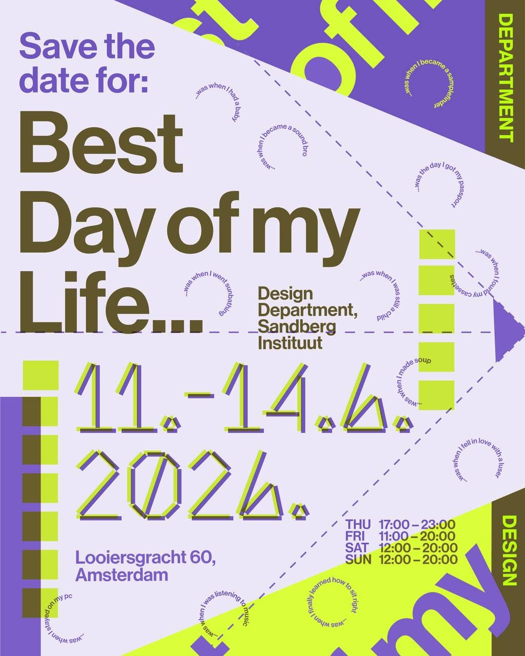 The image is purple and neon yellow. It advertises the design department graduation exhibition 