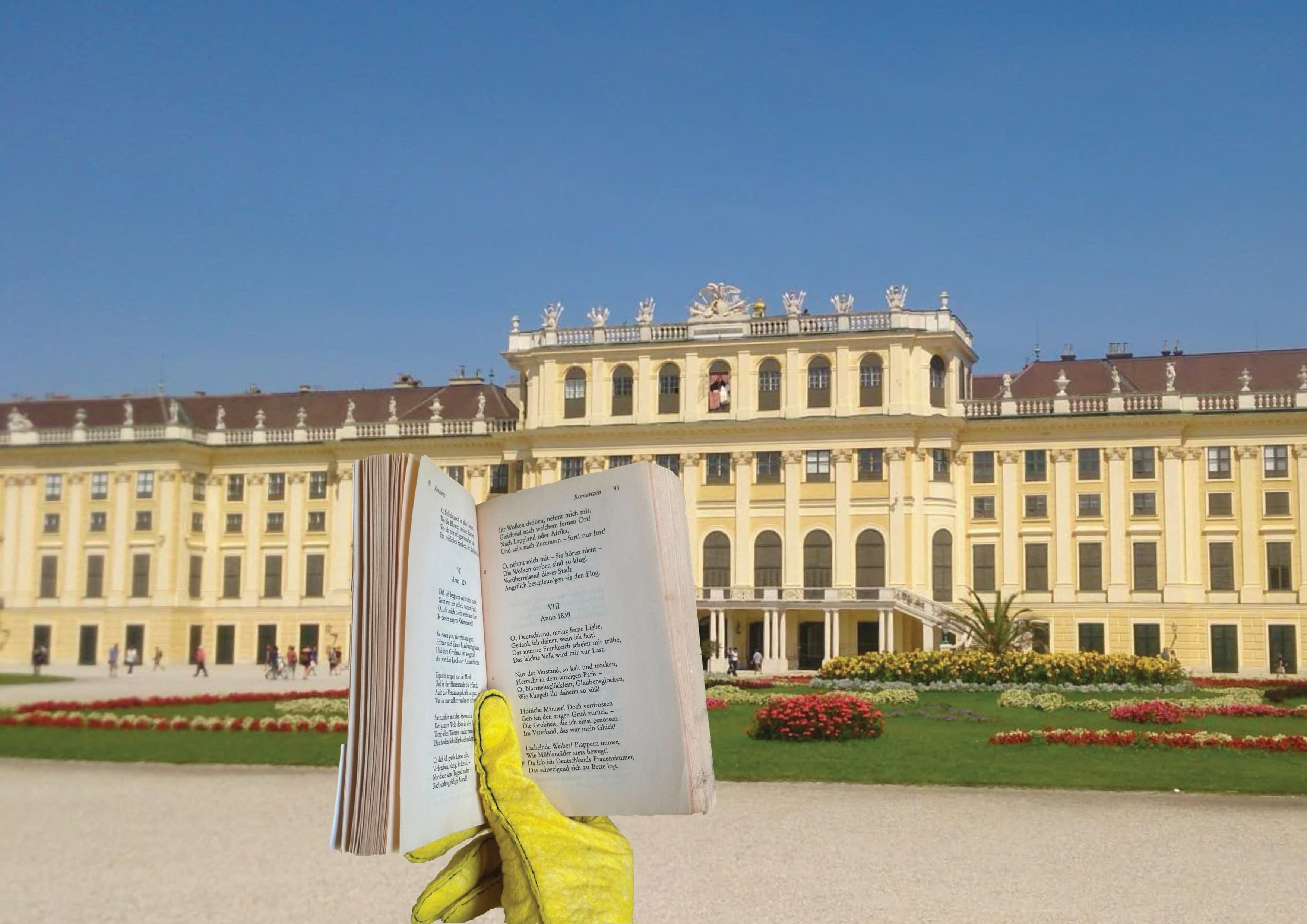 A gloved hand is holding a collection of poems by Reclam Verlag of Heinrich Heine, opened at the page 93 and showing the poem "Anno 1839". In the background the palace Schönbrunn is visible.