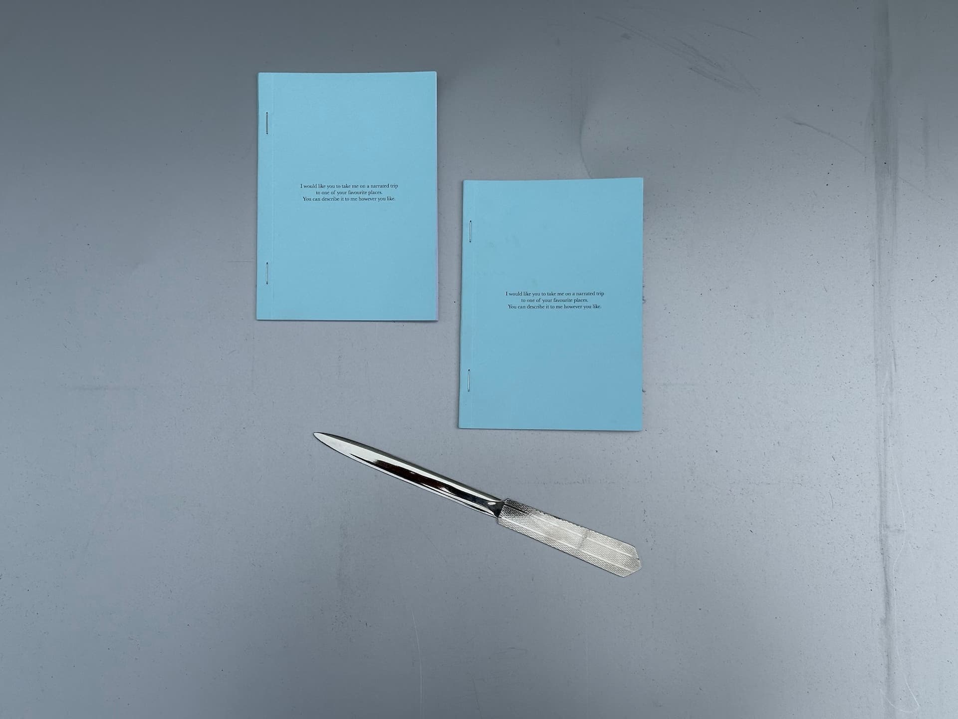 two blue books laying closed next to each other, a letter opener bellow them. the cover shows nothing besides the text "I would like you to take me on a narrated trip to one of your favorite places. You can describe it to me however you like."