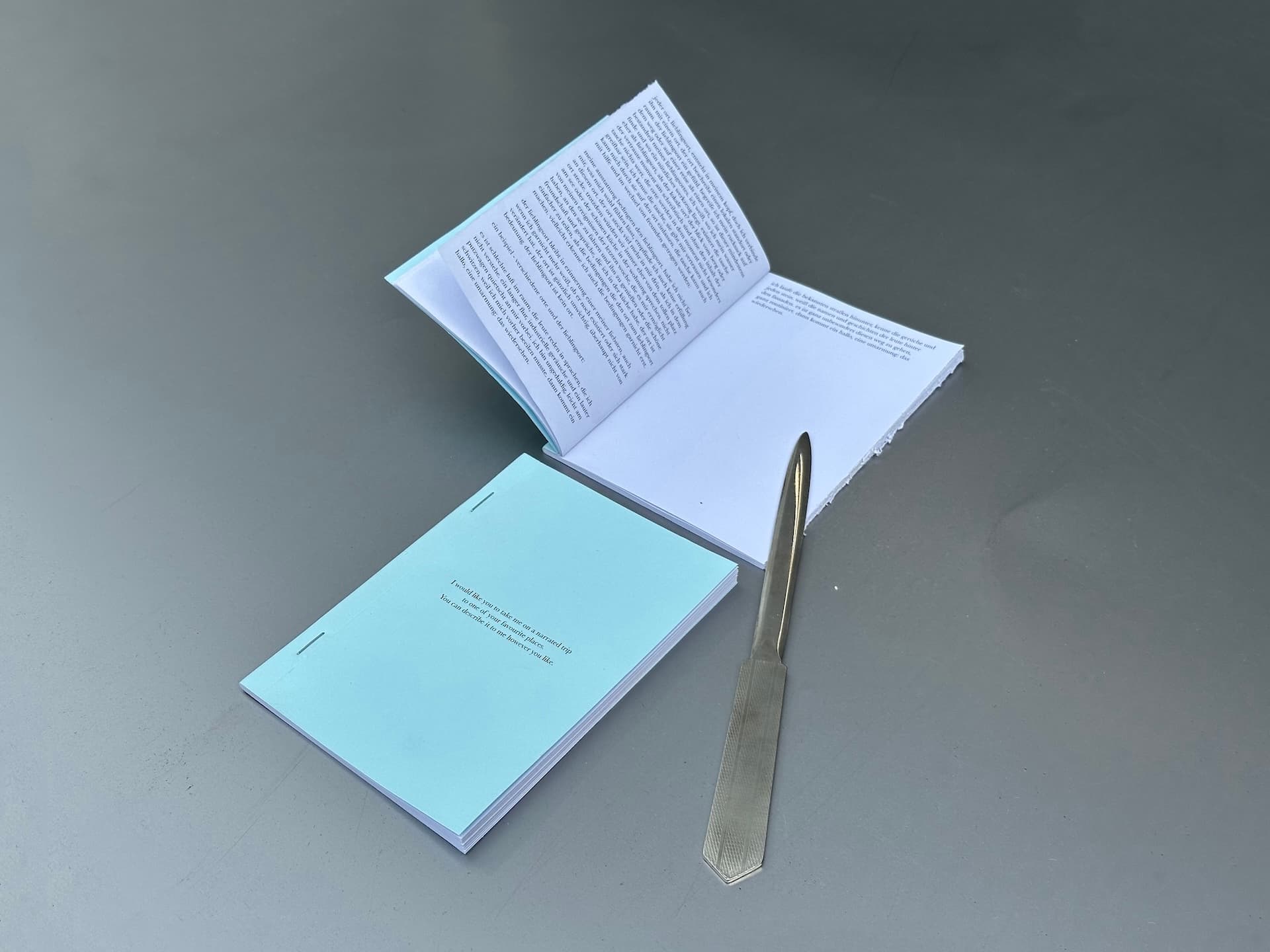 two books laying next to each other. one opened with a letter opener laying on it, the other one closed. the closed one shows the blue cover with a small text: "I would like you to take me on a narrated trip to one of your favorite places. You can describe it to me however you like."