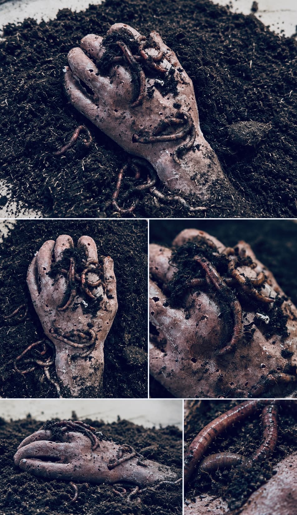 a human shaped soil sculpture, with a bio material arm that is being consumed by living earth worms.