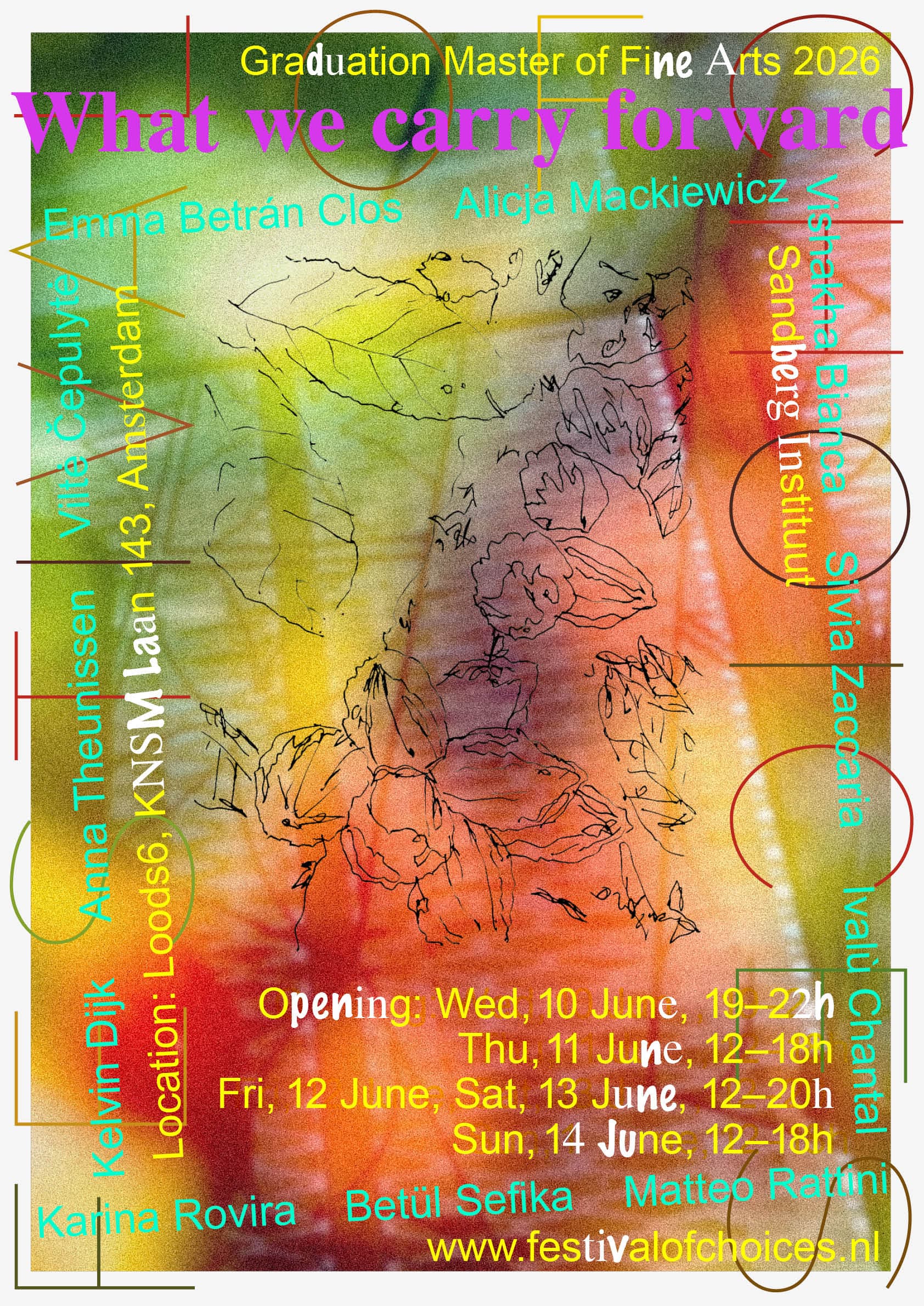 An abstractified image of a window seen from above and from an angle. An intensive use of colors above the photo makes it barely visible, shades of green, orange, red and yellow. Thin black illustrations of leaves and nuts are drawn above. Text is written in green, yellow, purple and white announcing the event, its venue, the participating artists, and the opening times.