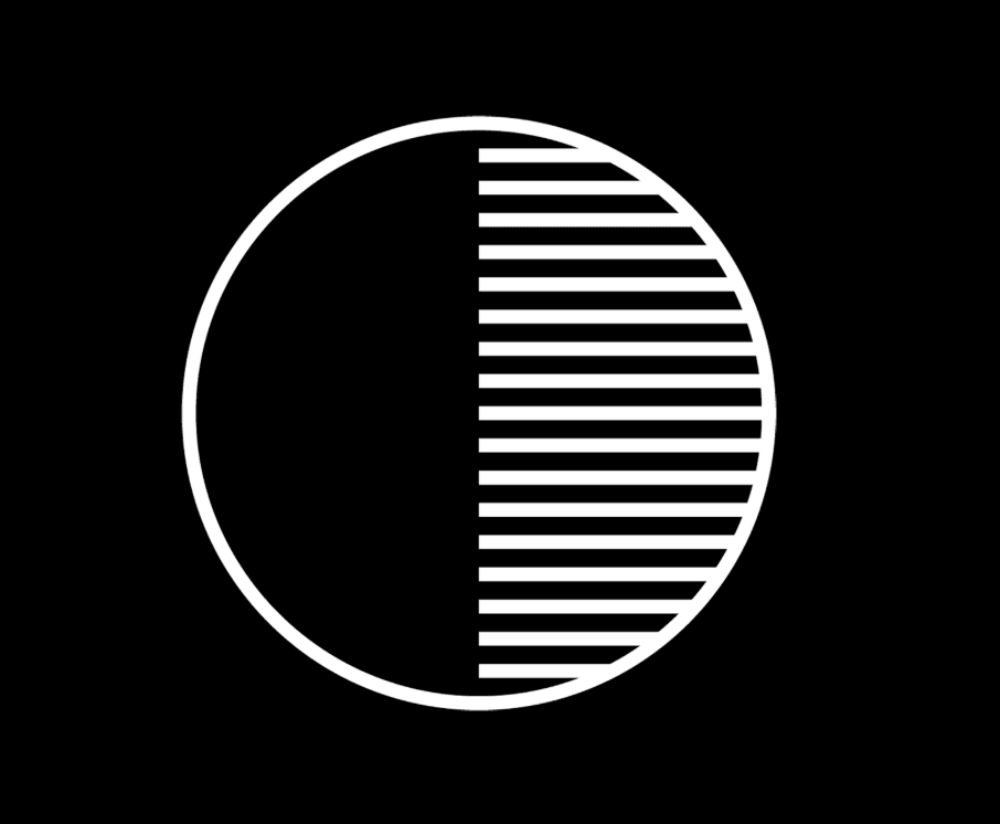 White circle (half shaded) on black background